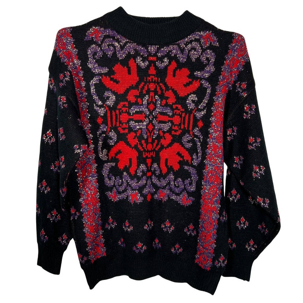 FairSet Vintage Metallic Lurex Intarsia Knit Sweater Black Red Purple Large